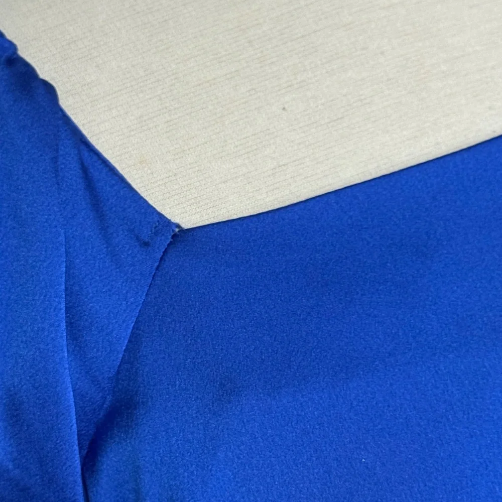 Ann Taylor Royal Blue Satin Dress | Size 6 | Puff Sleeve Tie Waist Midi Dress - Picture 4 of 10